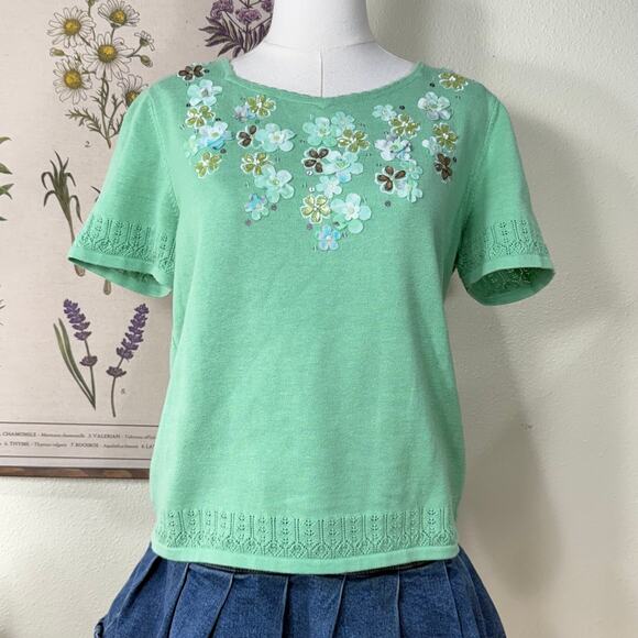 Vintage Y2k Embroidered Beaded Floral Knit Top Cottage Grandma Whimsy PM PL - Picture 2 of 6